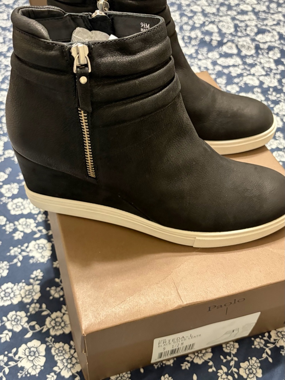 Paolo Black Wedge Ankle Boots with Cream Sole
